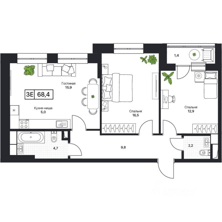 1-BD Apartment Sale, 68.4平方米 at Pushkino Grad, Polevaya ulitsa, selo Bratovshchina, Pshkinskiy Urban District, Moscow Region, Russia #1