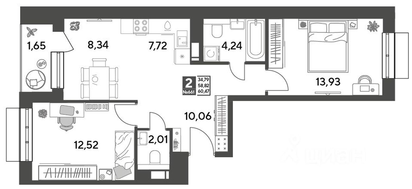 1-BD Apartment Sale, 60.47平方米 at Publitsist, ulitsa Zelyonaya Roshcha, Pushkino, Moscow Region, Russia #1