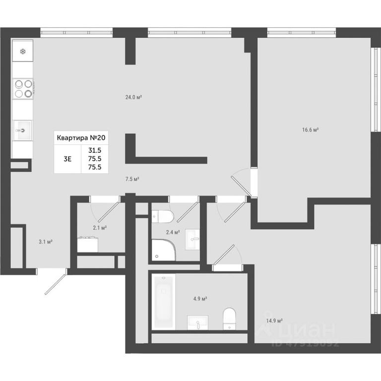 2-BD Apartment Sale, 75.5平方米 at Iakovlevo, ZhK Yakovlevo, kvartal № 145, Troitsk District, Moscow, Russia #1
