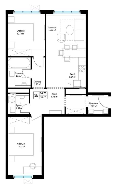 2-BD Apartment Sale, 63.1 sq. m. at Eko Vidnoe 2.0, kvartal Tsentralny, 1, Kupelinka Subdistrict, derevnya Sapronovo, Leninskiy City District, Moscow Region, Russia #1