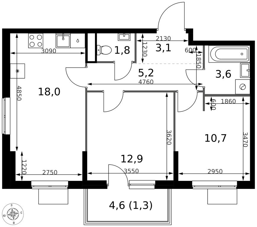 2-BD Apartment Sale, 56.6平方米 at 1 Izmajlovskij, Montazhnaya Street, 8с13, Moscow, Russia #2