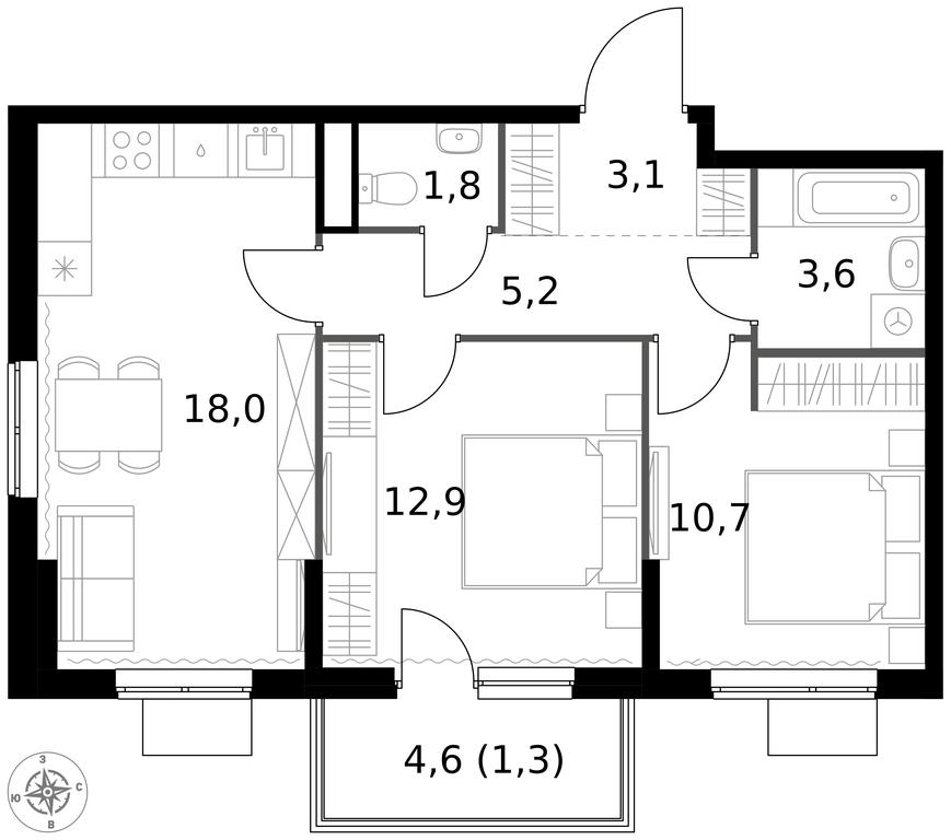 2-BD Apartment Sale, 56.6平方米 at 1 Izmajlovskij, Montazhnaya Street, 8с13, Moscow, Russia #1
