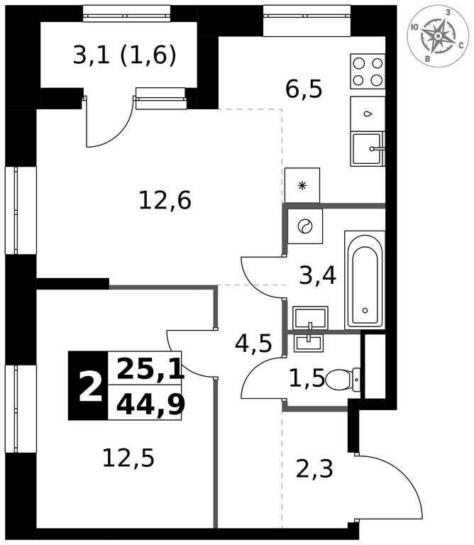 2-BD Apartment Sale, 44.9 sq. m. at 1 Izmajlovskij, Montazhnaya Street, 8с13, Moscow, Russia #1