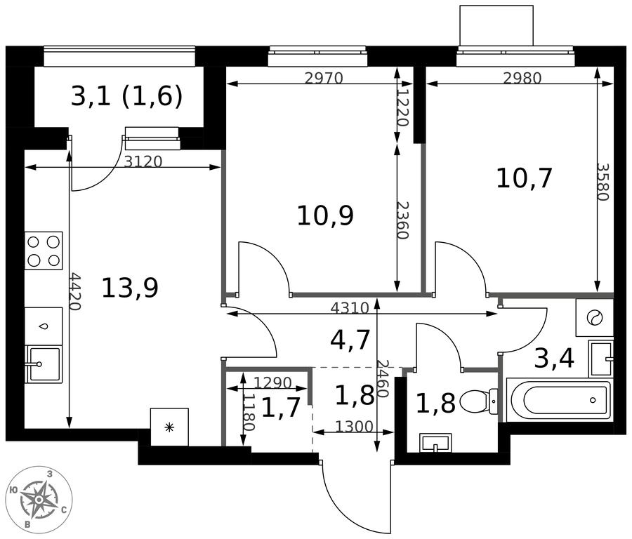 2-BD Apartment Sale, 50.5平方米 at 1 Izmajlovskij, Montazhnaya Street, 8с13, Moscow, Russia #2