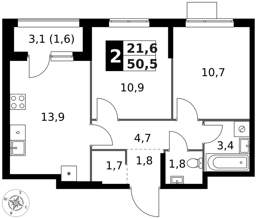 2-BD Apartment Sale, 50.5平方米 at 1 Izmajlovskij, Montazhnaya Street, 8с13, Moscow, Russia #1