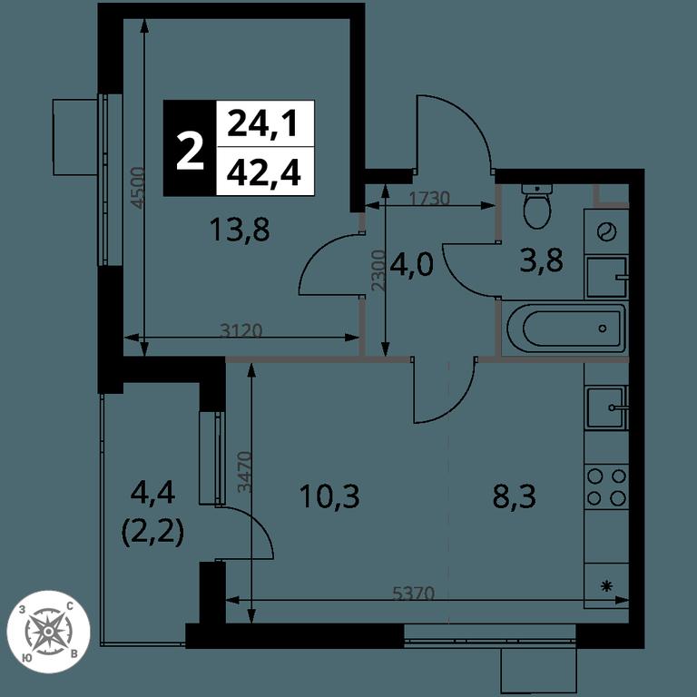 2-BD Apartment Sale, 42.4 sq. m. at Pervy Sheremetevskij, Komsomolskaya Street, 16, Khimki, Moscow Region, Russia #1