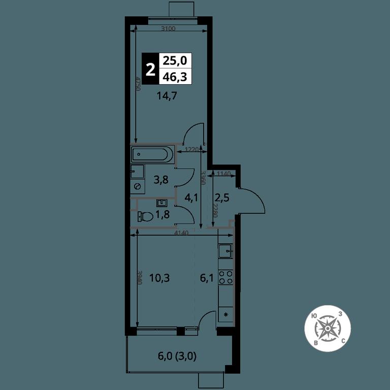 2-BD Apartment Sale, 46.3平方米 at Pervy Sheremetevskij, Komsomolskaya Street, 16, Khimki, Moscow Region, Russia #1