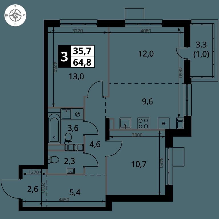 3-BD Apartment Sale, 64.8 sq. m. at 1-y Salarevskiy, Kiyevskoye Highway, Moskovskiy Settlement, Moscow, Russia #2