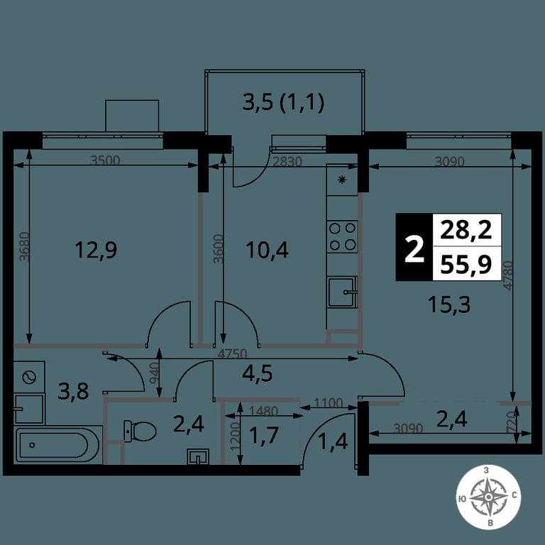 2-BD Apartment Sale, 55.9平方米 at Pervy Sheremetevskij, Komsomolskaya Street, 16, Khimki, Moscow Region, Russia #1