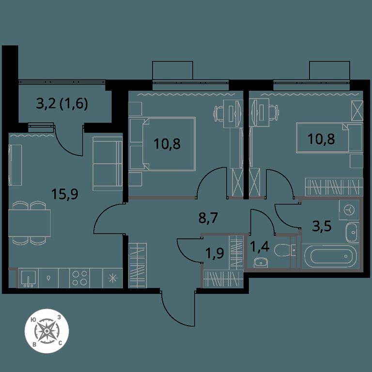 2-BD Apartment Sale, 54.6 sq. m. at Pervy Sheremetevskij, Komsomolskaya Street, 16, Khimki, Moscow Region, Russia #1