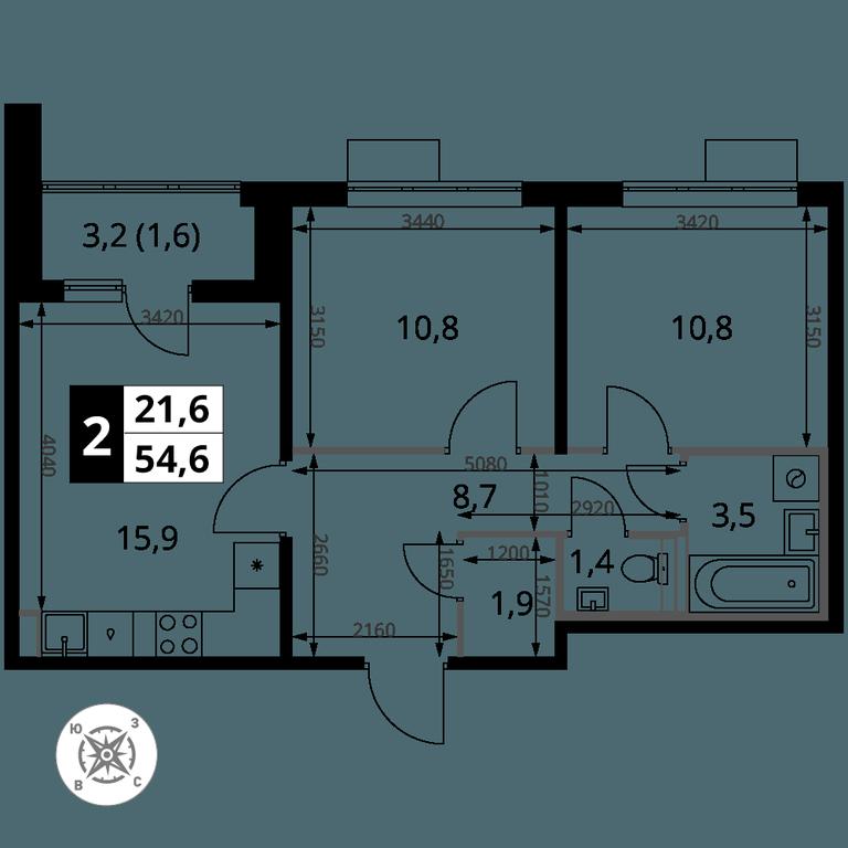 2-BD Apartment Sale, 54.6 sq. m. at Pervy Sheremetevskij, Komsomolskaya Street, 16, Khimki, Moscow Region, Russia #2