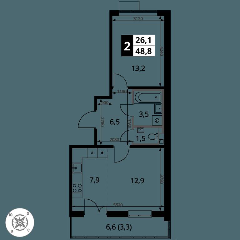 2-BD Apartment Sale, 48.8平方米 at Pervy Sheremetevskij, Komsomolskaya Street, 16, Khimki, Moscow Region, Russia #2