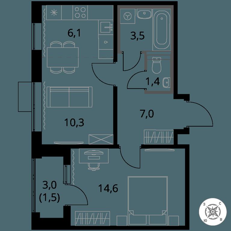 2-BD Apartment Sale, 44.4 sq. m. at Pervy Sheremetevskij, Komsomolskaya Street, 16, Khimki, Moscow Region, Russia #1