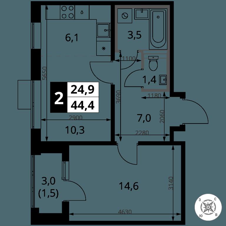 2-BD Apartment Sale, 44.4 sq. m. at Pervy Sheremetevskij, Komsomolskaya Street, 16, Khimki, Moscow Region, Russia #2