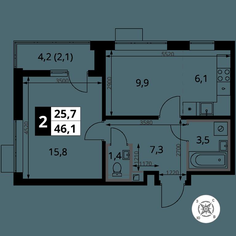 2-BD Apartment Sale, 46.1 sq. m. at Pervy Sheremetevskij, Komsomolskaya Street, 16, Khimki, Moscow Region, Russia #2