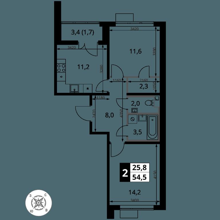 2-BD Apartment Sale, 54.5 sq. m. at Pervy Sheremetevskij, Komsomolskaya Street, 16, Khimki, Moscow Region, Russia #2