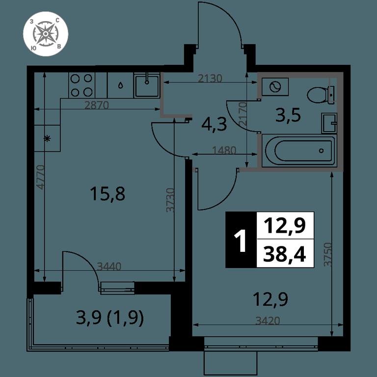 1-BD Apartment Sale, 38.4平方米 at Pervy Sheremetevskij, Komsomolskaya Street, 16, Khimki, Moscow Region, Russia #2