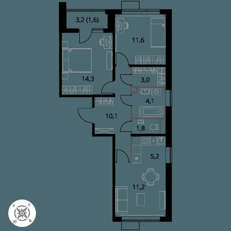 3-BD Apartment Sale, 62.9 sq. m. at Pervy Sheremetevskij, Komsomolskaya Street, 16, Khimki, Moscow Region, Russia #1