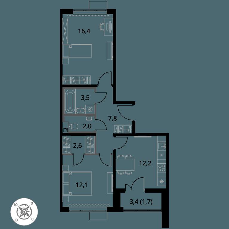 2-BD Apartment Sale, 58.3 sq. m. at Pervy Sheremetevskij, Komsomolskaya Street, 16, Khimki, Moscow Region, Russia #1