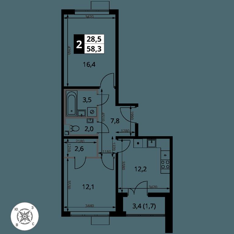 2-BD Apartment Sale, 58.3 sq. m. at Pervy Sheremetevskij, Komsomolskaya Street, 16, Khimki, Moscow Region, Russia #2