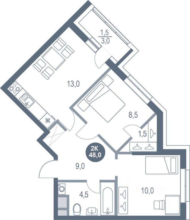 1-BD Apartment Sale, 48 sq. m. at Rusich Kotelniki Park, mikrorayon Yuzhny, Kotelniki, Moscow Region, Russia #1