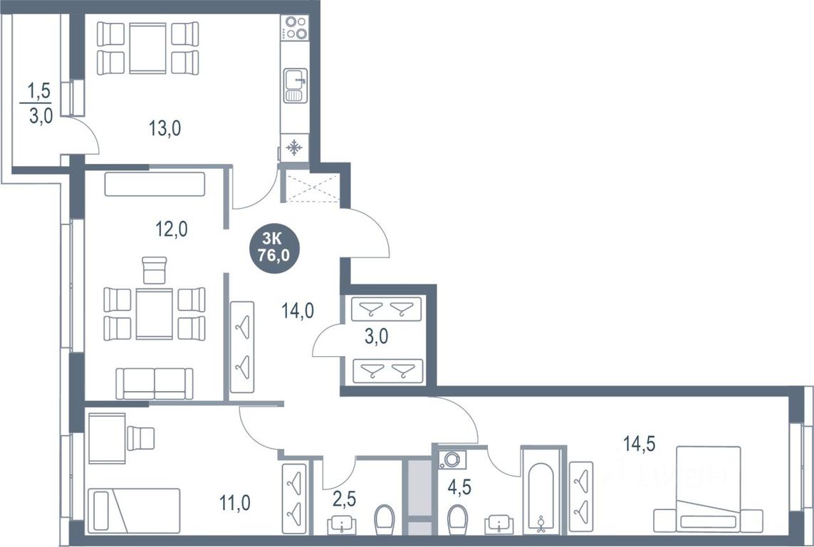2-BD Apartment Sale, 76 sq. m. at Rusich Kotelniki Park, mikrorayon Yuzhny, Kotelniki, Moscow Region, Russia #1