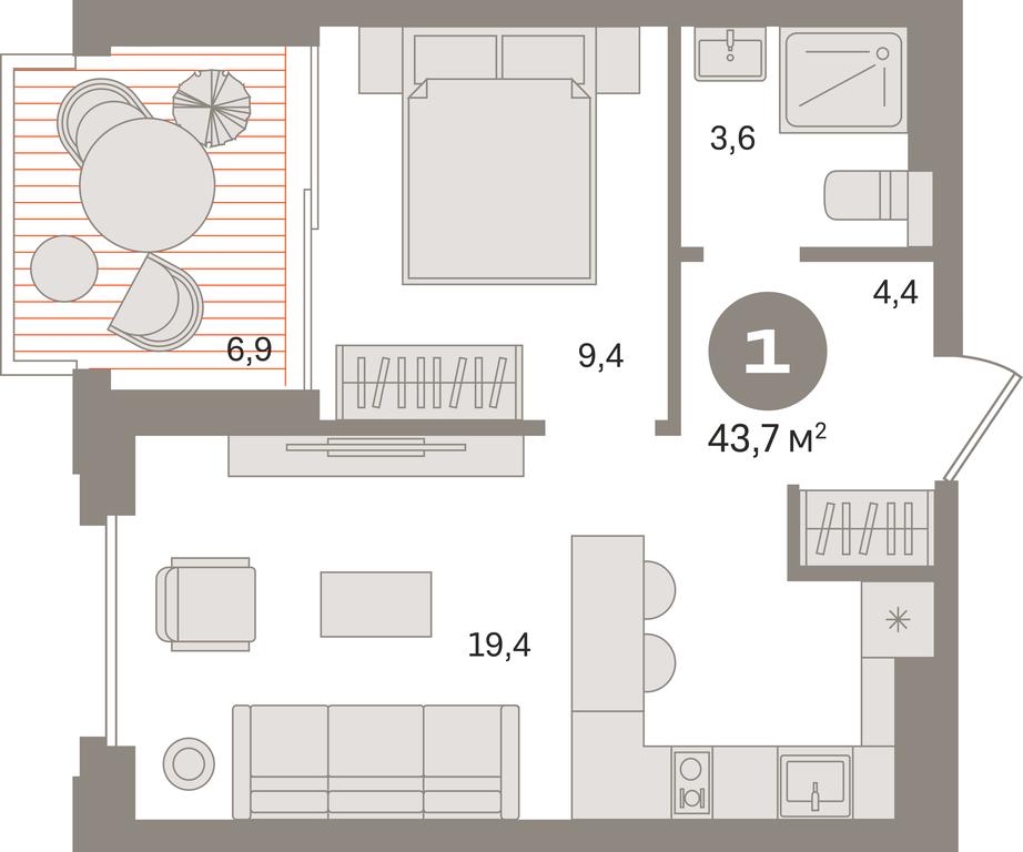 1-BD Apartment Sale, 43.7平方米 at Kvartal «MONS», Ogorodny Drive, Moscow, Russia #1