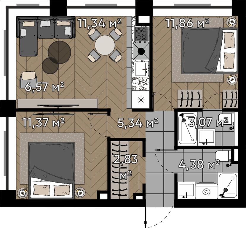 3-BD Apartment Sale, 56.76 sq. m. at Kvartal Serebryany Bor, Berzarina Street, Moscow, Russia #1