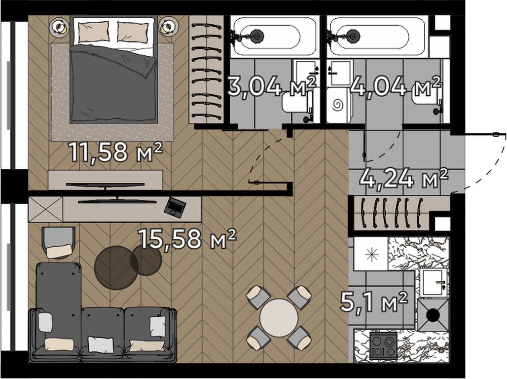 2-BD Apartment Sale, 43.58 sq. m. at Kvartal Serebryany Bor, Berzarina Street, Moscow, Russia #1