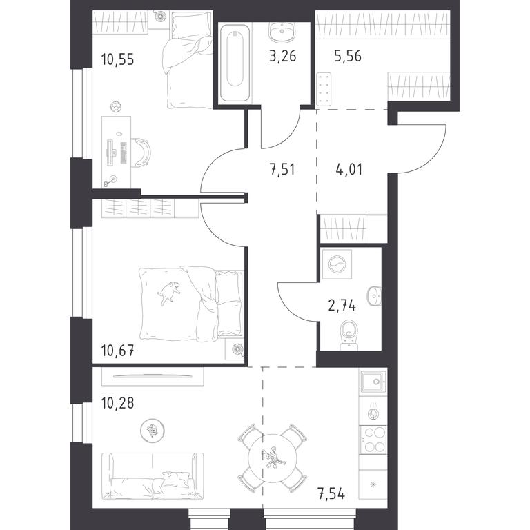 1-BD Apartment Sale, 62.12平方米 at Novoe Vnukovo, kvartal № 38, Kokoshkino Settlement, Moscow, Russia #1
