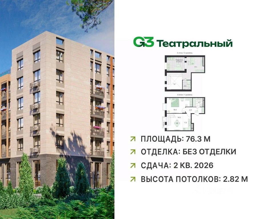 1-BD Apartment Sale, 76.3 sq. m. at G3 Teatralny, Teatralnaya ulitsa, rabochiy posyolok Ilyinskiy, Ramenskiy Urban District, Moscow Region, Russia #1