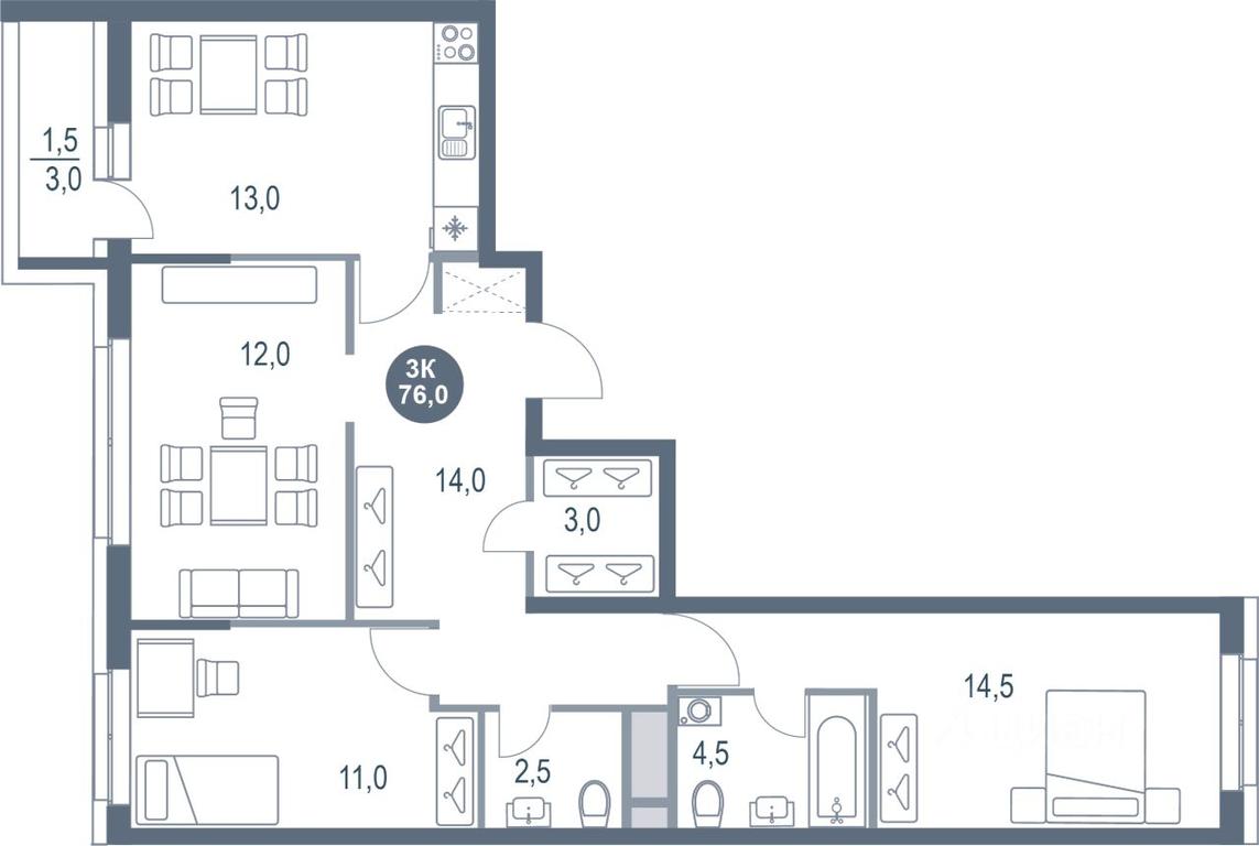 2-BD Apartment Sale, 76 sq. m. at Rusich Kotelniki Park, mikrorayon Yuzhny, Kotelniki, Moscow Region, Russia #1