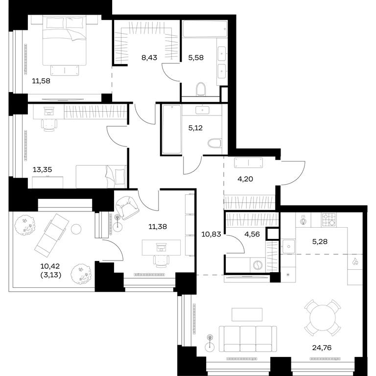 2-BD Apartment Sale, 108.2 sq. m. at Nova, Bratyev Fonchenko Street, вл21, Moscow, Russia #1 2-BD Apartment Sale, 108.2 sq. m. at Nova, Bratyev Fonchenko Street, вл21, Moscow, Russia #1