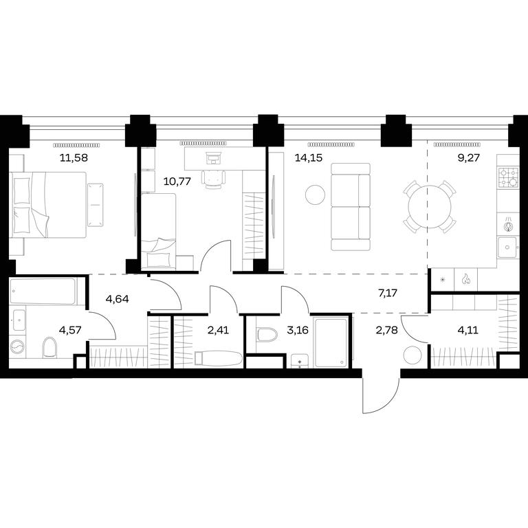 1-BD Apartment Sale, 74.61平方米 at Nova, Bratyev Fonchenko Street, вл21, Moscow, Russia #1