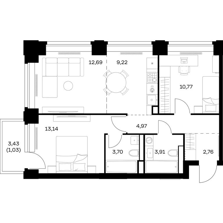 1-BD Apartment Sale, 62.19平方米 at Nova, Bratyev Fonchenko Street, вл21, Moscow, Russia #1