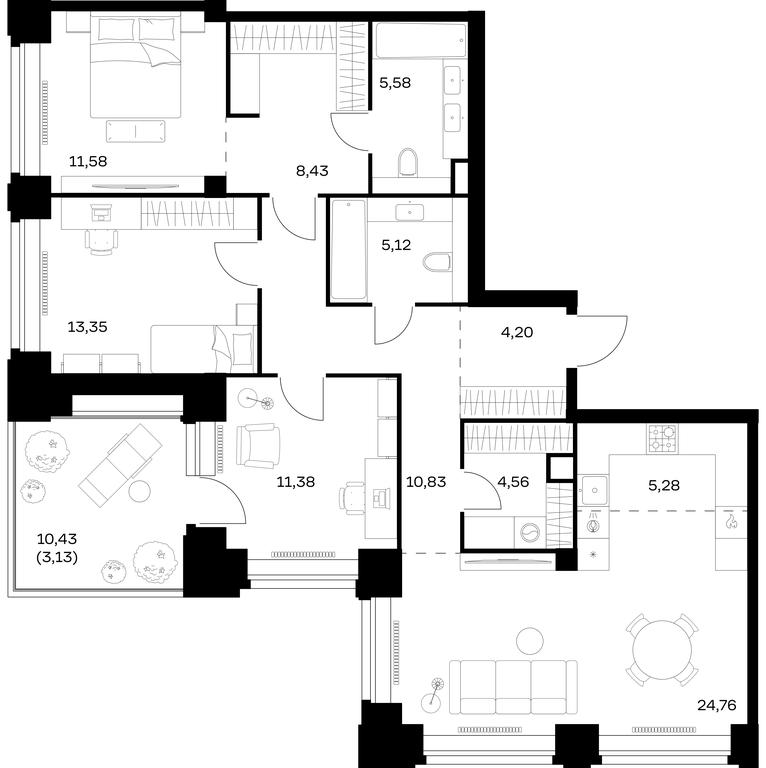 2-BD Apartment Sale, 108.2 sq. m. at Nova, Bratyev Fonchenko Street, вл21, Moscow, Russia #1 2-BD Apartment Sale, 108.2 sq. m. at Nova, Bratyev Fonchenko Street, вл21, Moscow, Russia #1