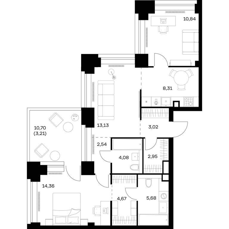 1-BD Apartment Sale, 72.79平方米 at Nova, Bratyev Fonchenko Street, вл21, Moscow, Russia #1