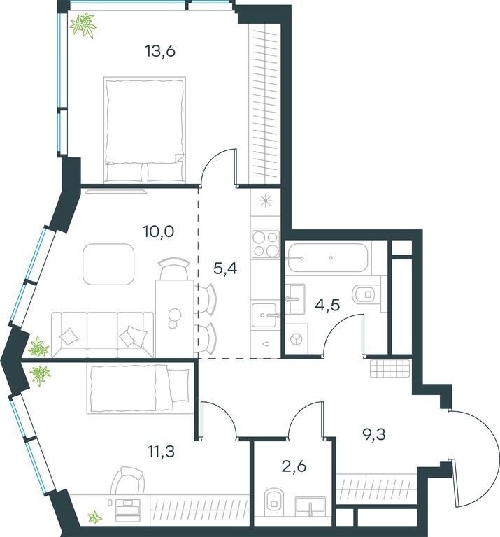 2-BD Apartment Sale, 56.7平方米 at Level Michurinskiy, Озёрная улица, вл1, Москва, Россия #1