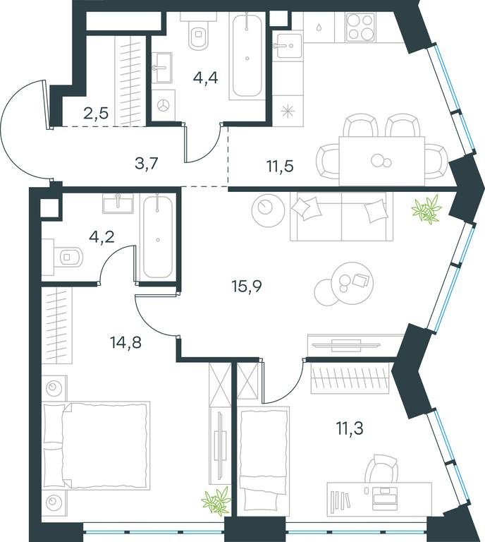 2-BD Apartment Sale, 68.3平方米 at Level Michurinskiy, Озёрная улица, вл1, Москва, Россия #1