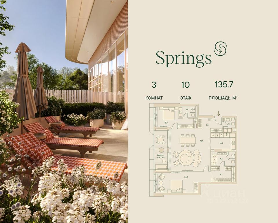 2-BD Apartment Sale, 135.7 sq. m. at Springs (Springs), Malaya Filyovskaya Street, 46, Moscow, Russia #1