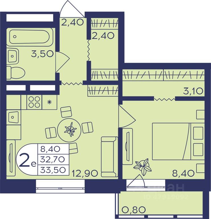 1-BD Apartment Sale, 33.2平方米 at Geroev, prospekt Geroyev, Zheleznodorozhny Microdistrict, Balashikha, Moscow Region, Russia #1
