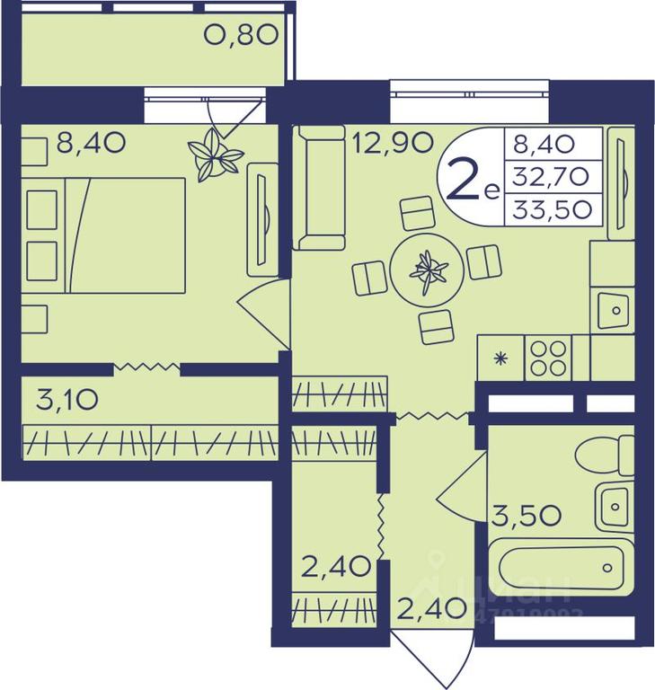 1-BD Apartment Sale, 33.4平方米 at Geroev, prospekt Geroyev, Zheleznodorozhny Microdistrict, Balashikha, Moscow Region, Russia #1