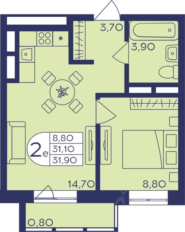 1-BD Apartment Sale, 31.7平方米 at Geroev, prospekt Geroyev, Zheleznodorozhny Microdistrict, Balashikha, Moscow Region, Russia #1