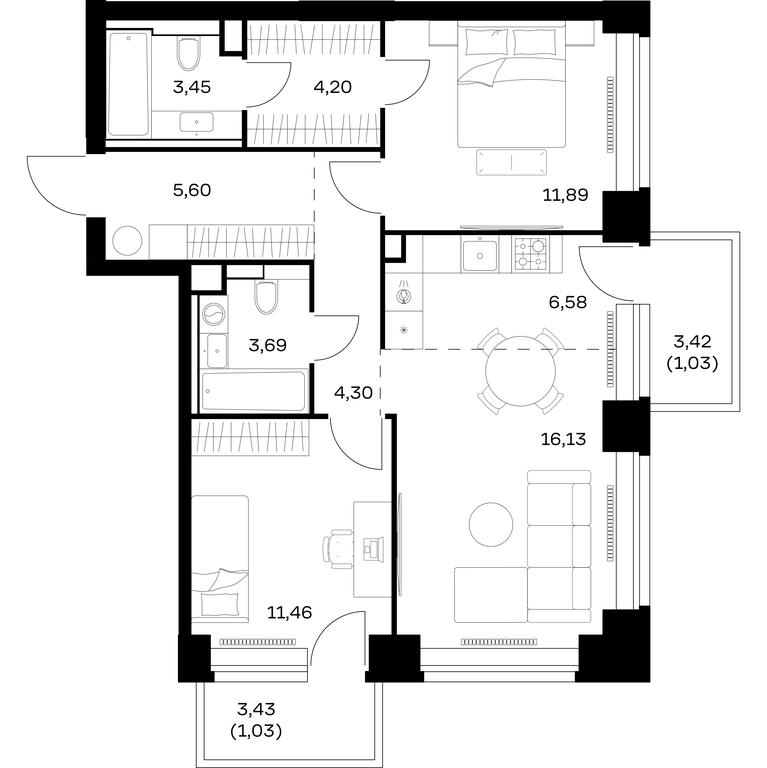 1-BD Apartment Sale, 69.36平方米 at Nova, Bratyev Fonchenko Street, вл21, Moscow, Russia #1 1-BD Apartment Sale, 69.36平方米 at Nova, Bratyev Fonchenko Street, вл21, Moscow, Russia #1