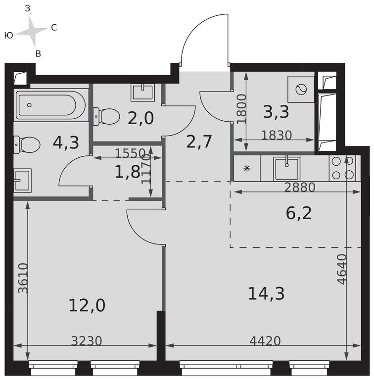 2-BD Apartment Sale, 46.6平方米 at Sydney City, Shenogina Street, 2, Moscow, Russia #2