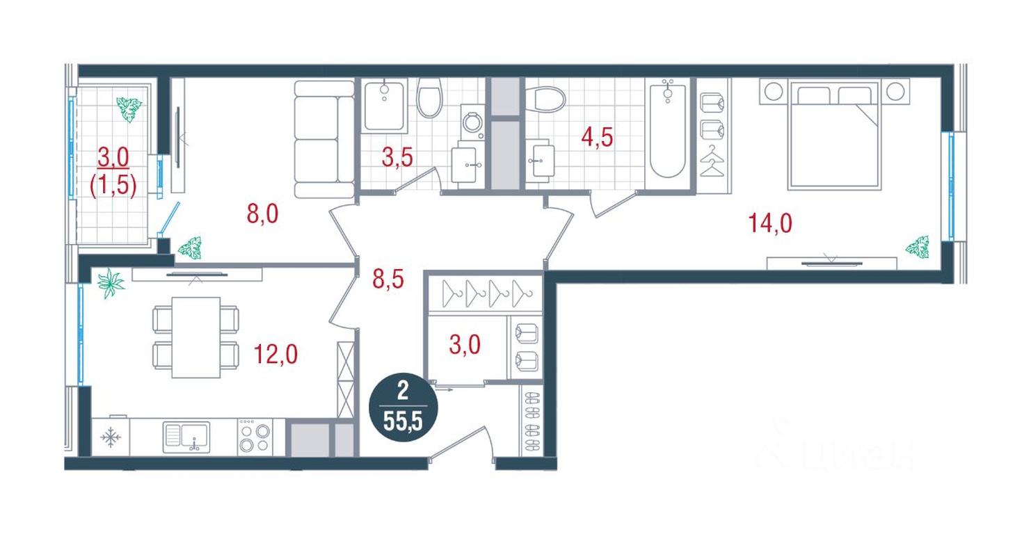 1-BD Apartment Sale, 55平方米 at RUSICh-Kantemirovskiy, Kavkazsky Boulevard, Moscow, Russia #1