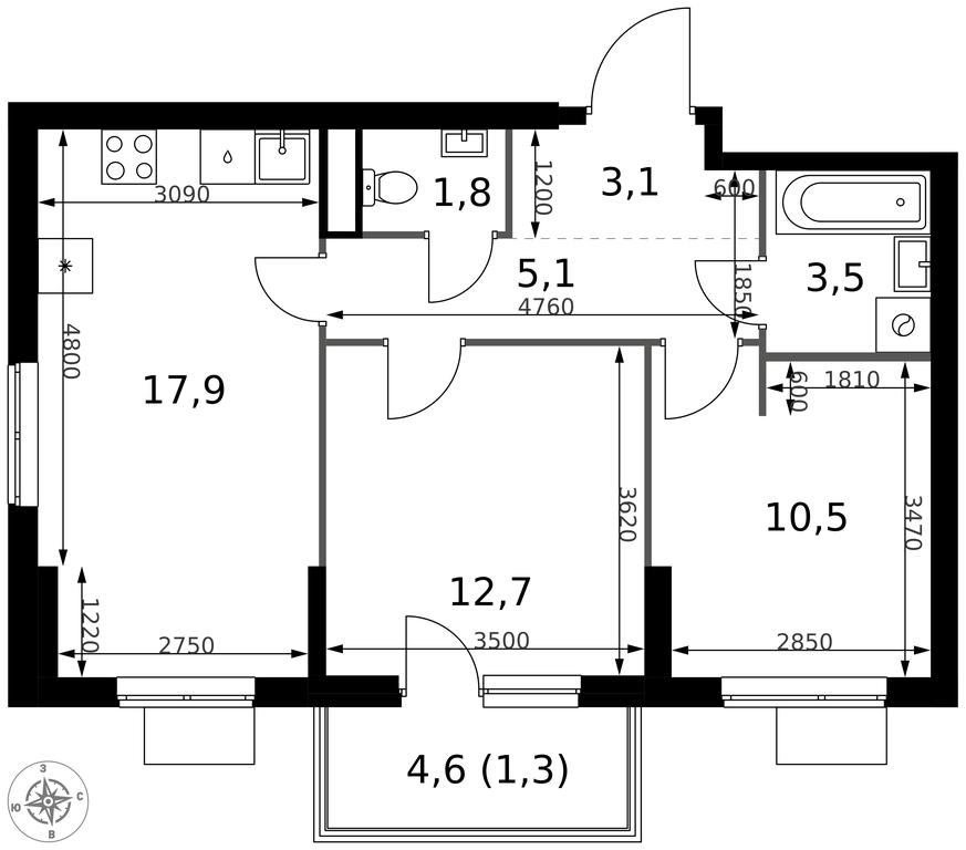 2-BD Apartment Sale, 55.9 sq. m. at 1 Izmajlovskij, Montazhnaya Street, 8с13, Moscow, Russia #2