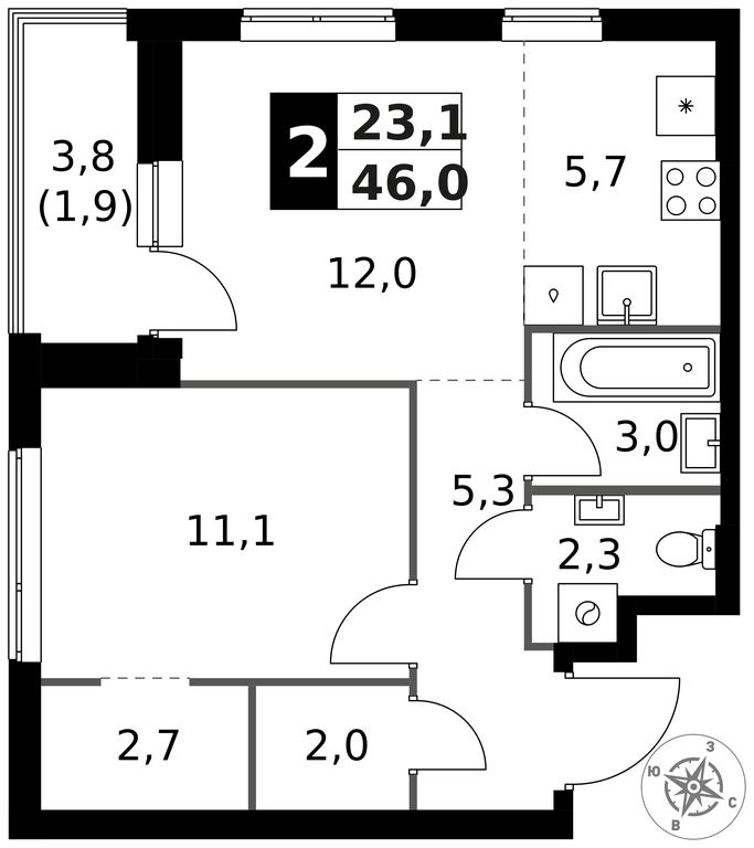 2-BD Apartment Sale, 46平方米 at 1 Izmajlovskij, Montazhnaya Street, 8с13, Moscow, Russia #1