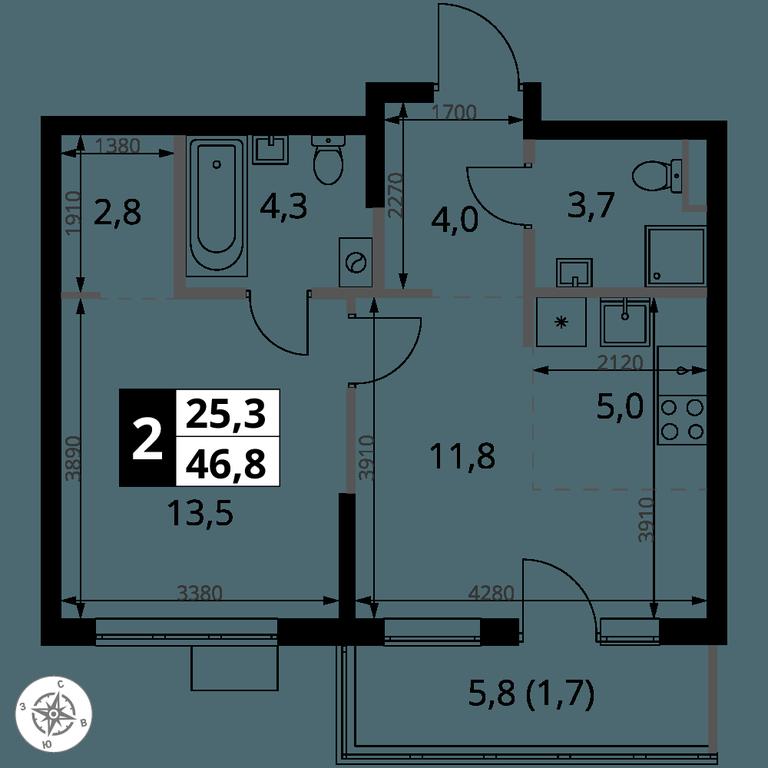2-BD Apartment Sale, 46.8平方米 at 1 Yasenevskij, Kvartal № 24, Mosrentgen Settlement, Moscow, Russia #1