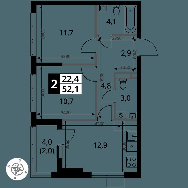 2-BD Apartment Sale, 52.1平方米 at 1 Yasenevskij, Kvartal № 24, Mosrentgen Settlement, Moscow, Russia #1
